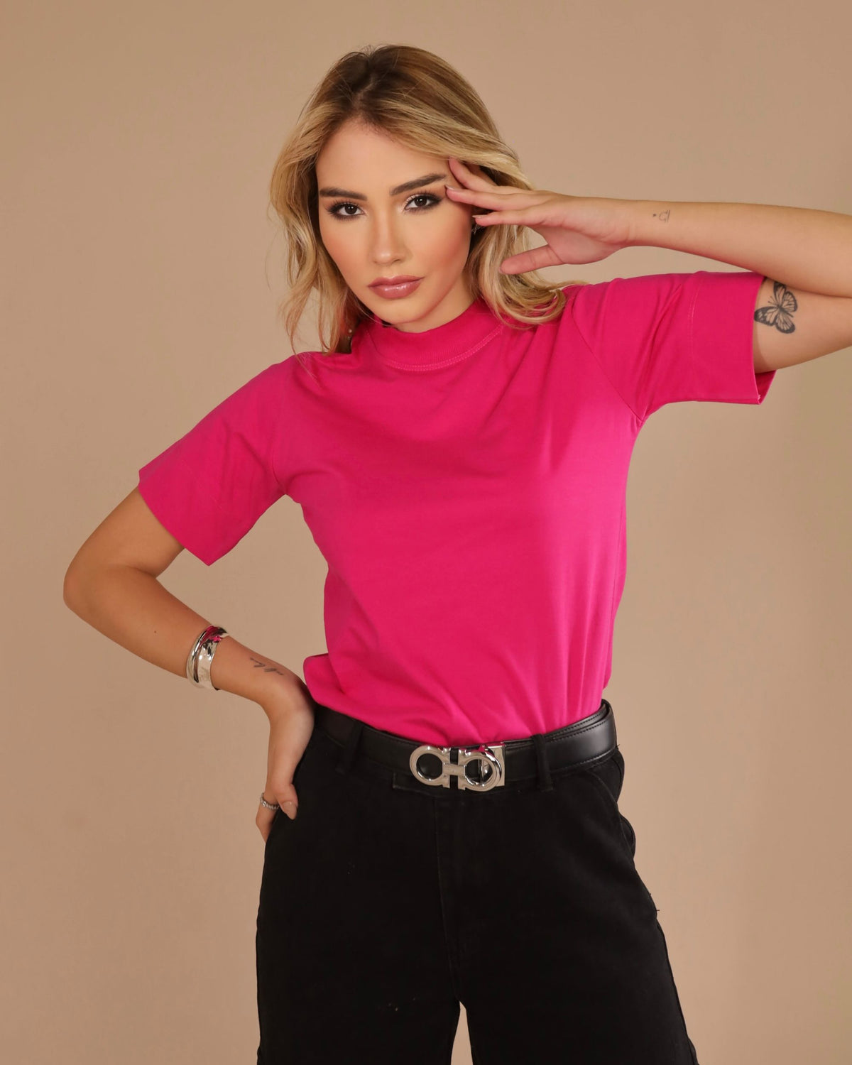 T-SHIRT GOLA ALTA / ROSA PEONIA