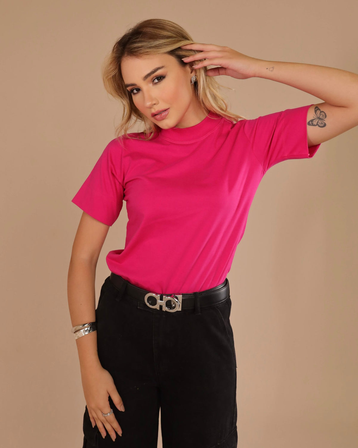 T-SHIRT GOLA ALTA / ROSA PEONIA